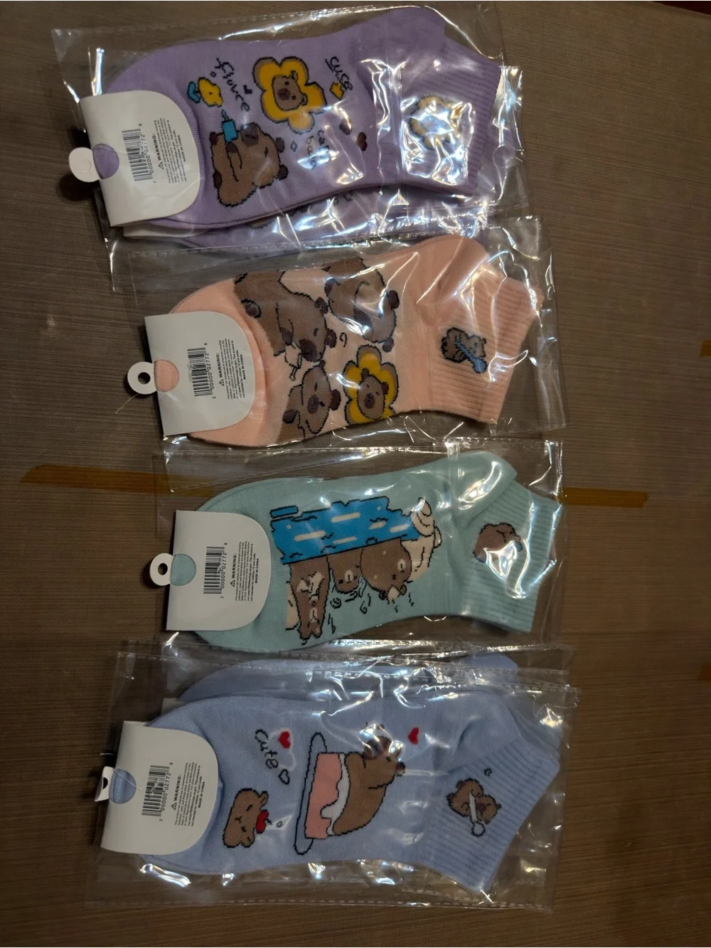 Kids Cartoon Bear Ankle Socks - Purple, Pink, Mint, Light Blue - Pack of 4